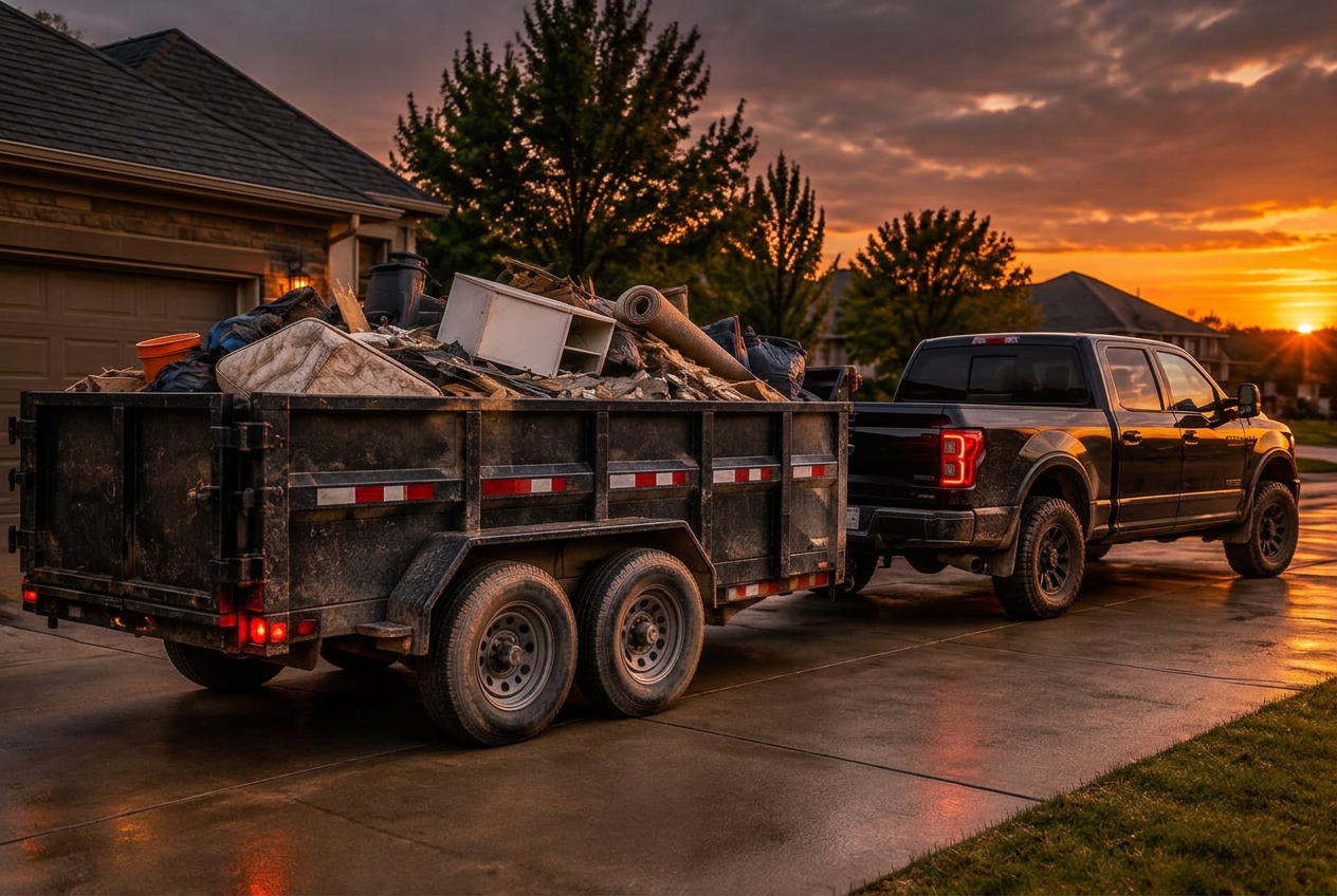 Out N Gone Junk Removal truck and dump trailer loaded with hauled junk in Sacramento, California